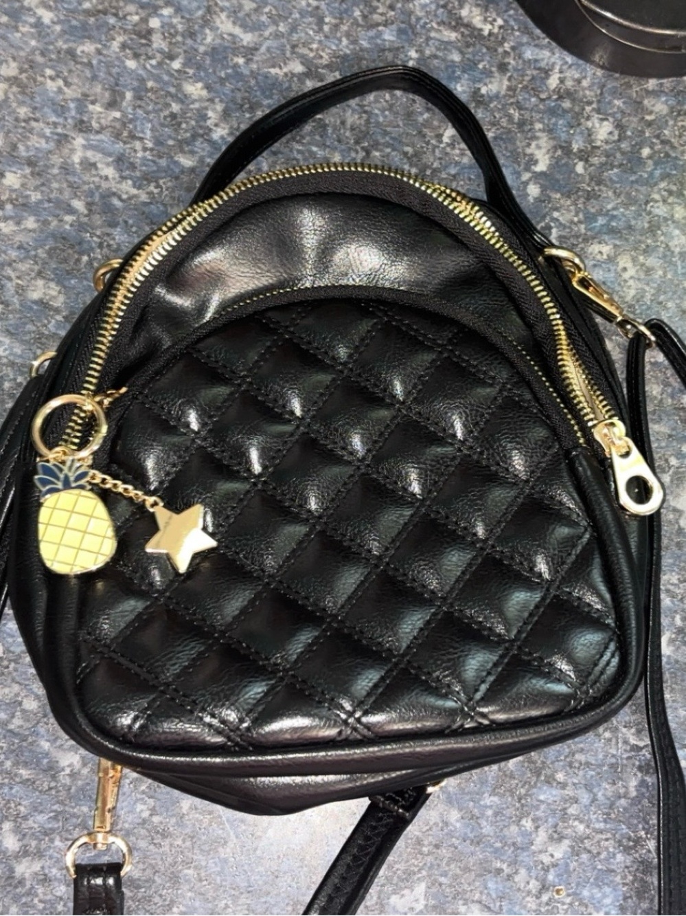 Black Quilted Mini Crossbody Bag with Gold Charm